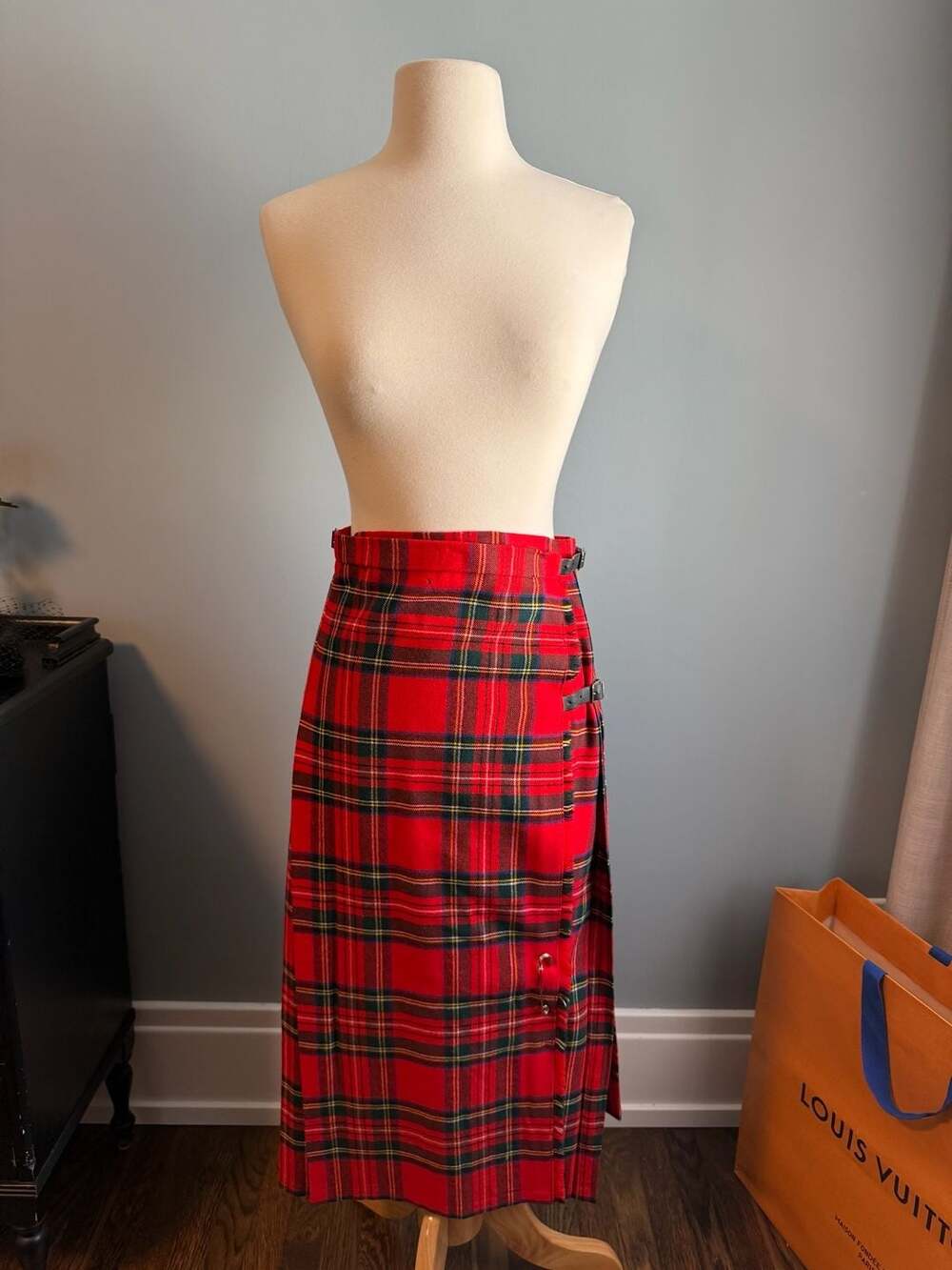 1970s Vintage Wool Plaid Wrap Skirt Red Tartan Pleated